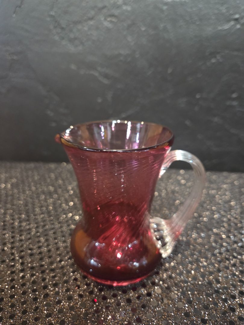 Vintage Pilgrim Glass Hand Blown Cranberry Swirl pitcher small