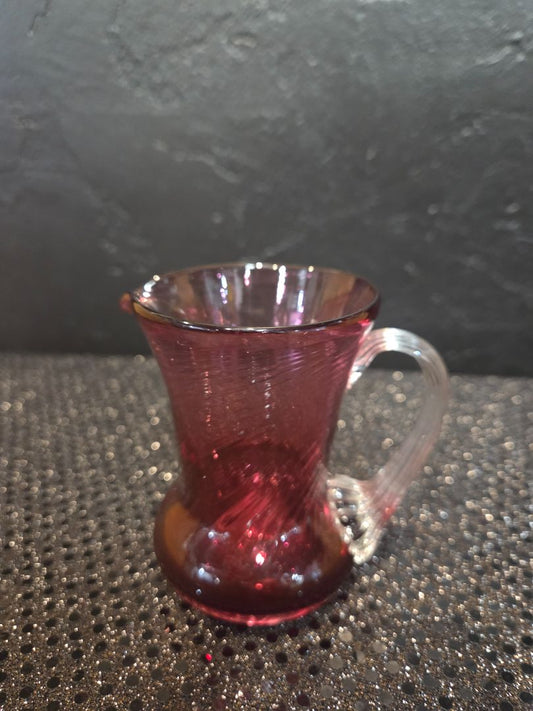 Vintage Pilgrim Glass Hand Blown Cranberry Swirl pitcher small