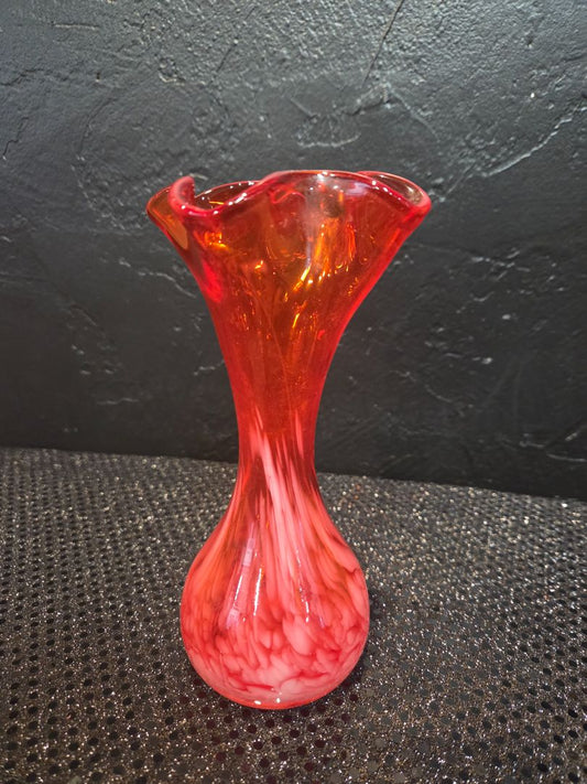 Vintage Kama Japan Hand Blown Glass Bud vase Red/white Marble confetti Swirl
