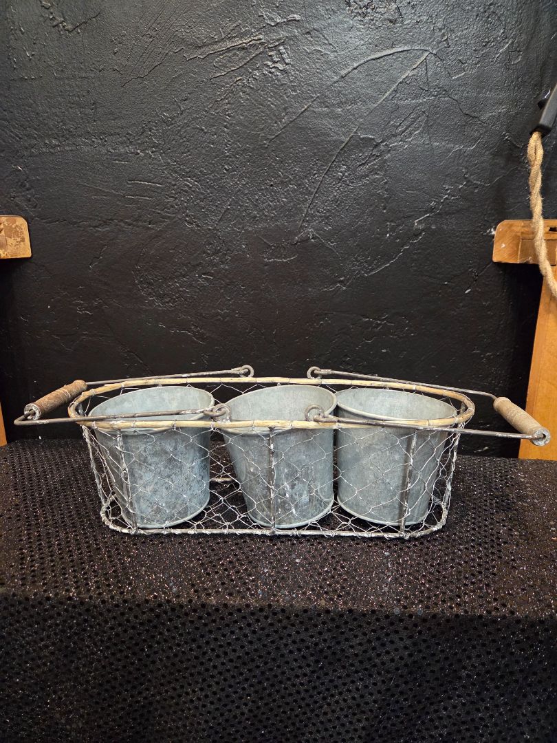 Vintage Wire Caddy with Handles 3 galvanized buckets