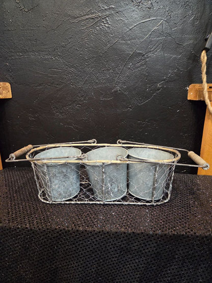 Vintage Wire Caddy with Handles 3 galvanized buckets