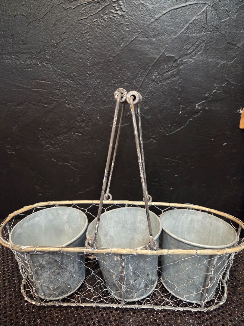 Vintage Wire Caddy with Handles 3 galvanized buckets