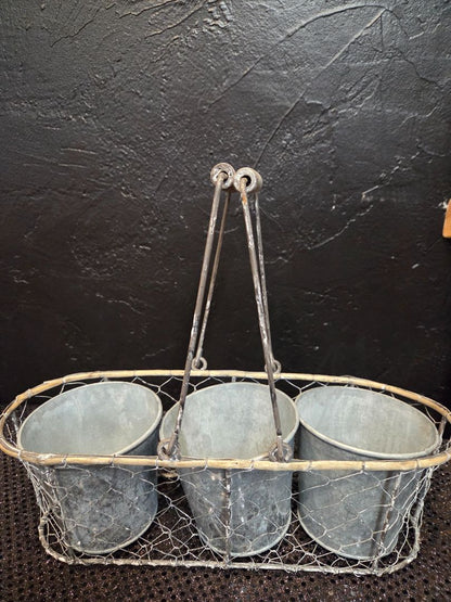 Vintage Wire Caddy with Handles 3 galvanized buckets