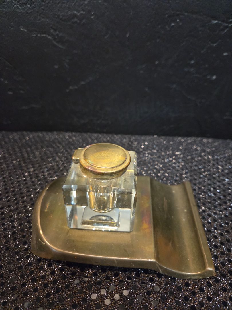 Vintage Austria Inkwell Bronze and Glass