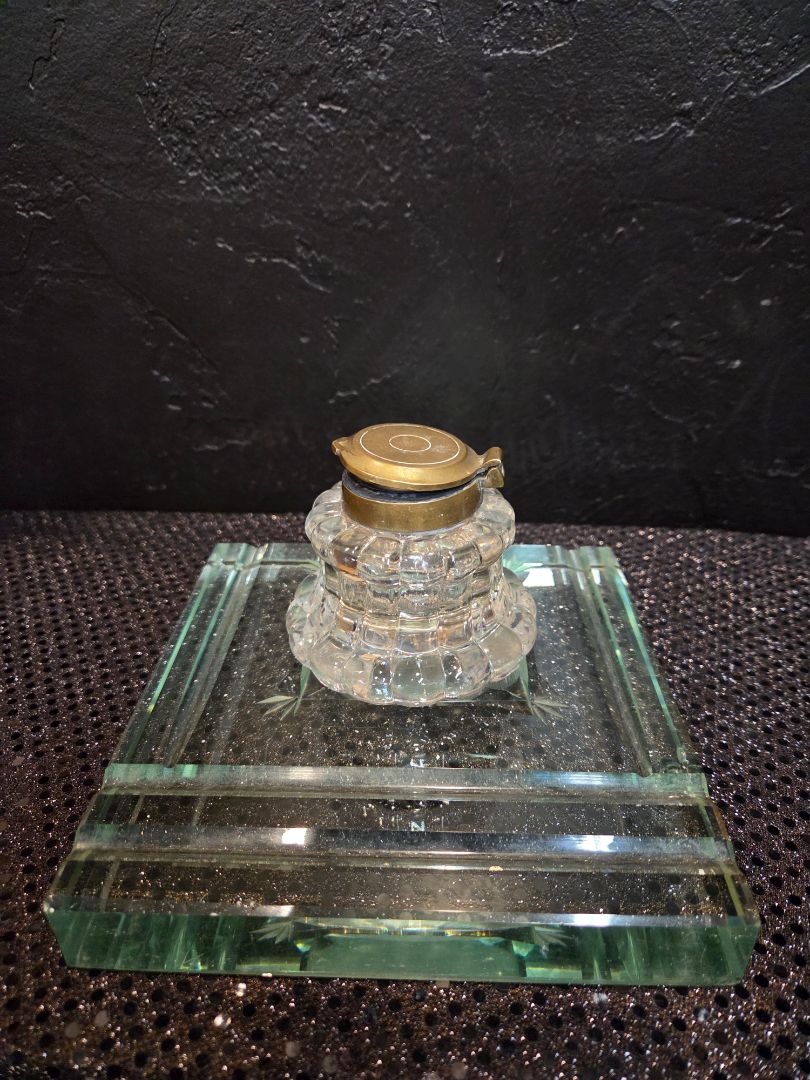 VINTAGE GLASS AND BRASS INKWELL WITH SLAB GLASS BASE