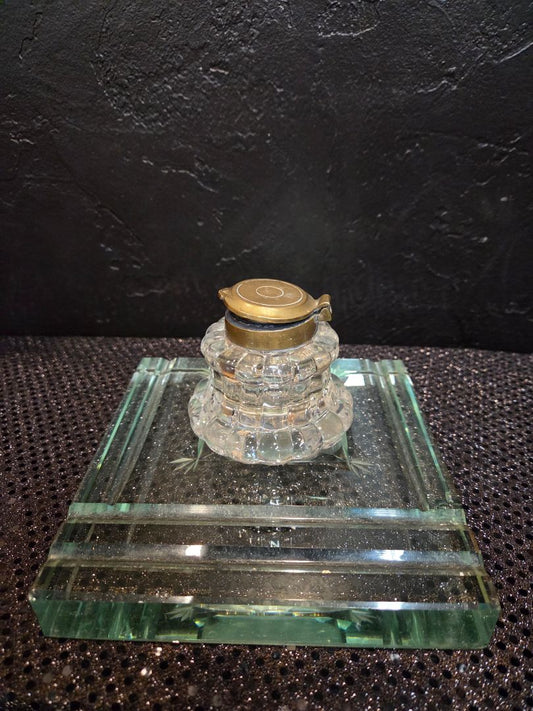 VINTAGE GLASS AND BRASS INKWELL WITH SLAB GLASS BASE