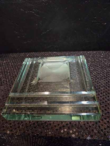 VINTAGE GLASS AND BRASS INKWELL WITH SLAB GLASS BASE