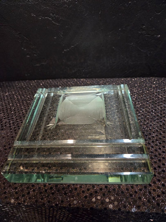 VINTAGE GLASS AND BRASS INKWELL WITH SLAB GLASS BASE