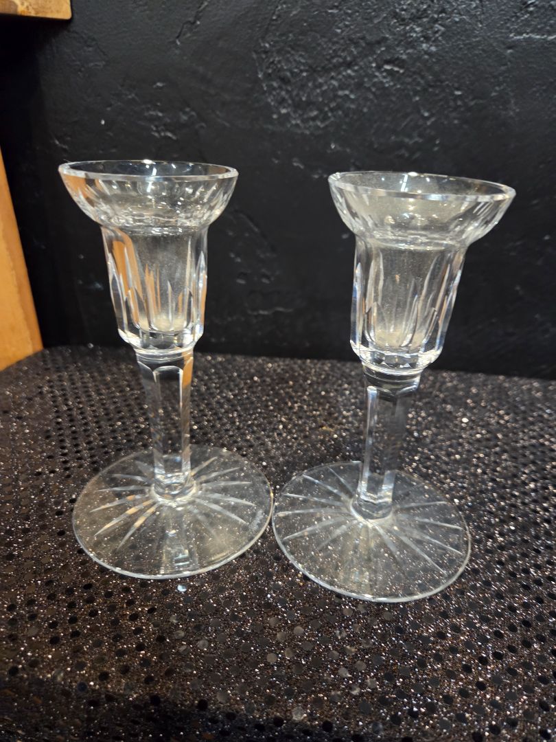 Waterford Crystal Candle Sticks Pair etched signed