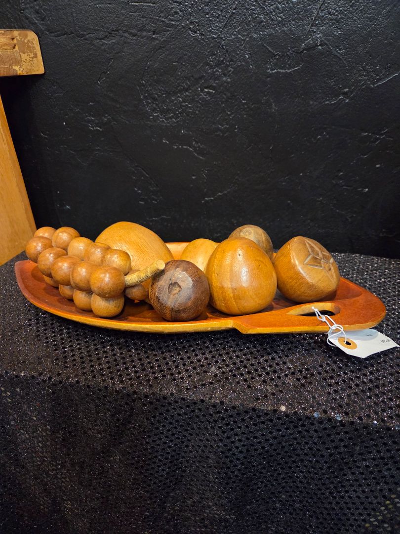 Vintage MCM Teak Monkey Pod Hand Carved Fruit and Tray