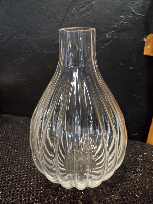 Vintage Large Clear Glass Ribbed Fluted Vase Handblown