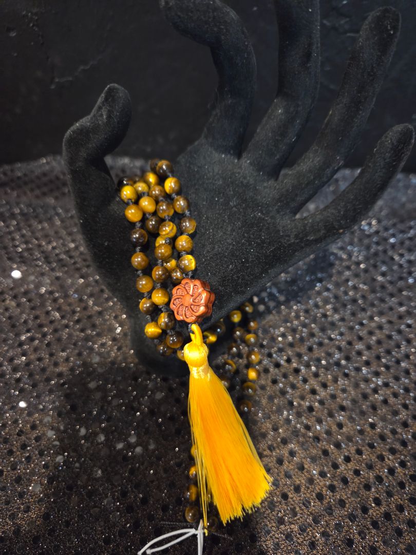 Hand Knotted 6mm TIger Eye Mala with Yellow Tassel