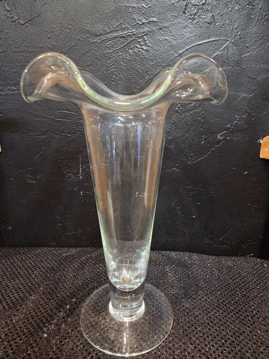 Vintage Hand Blown Clear Art Glass Trumpet Vase with Ruffled Opening