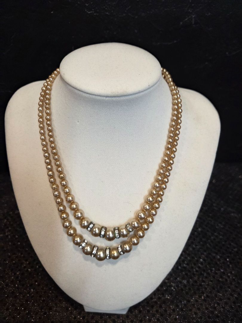 Vintage Double Strand faux Pearl necklace with rhinestones