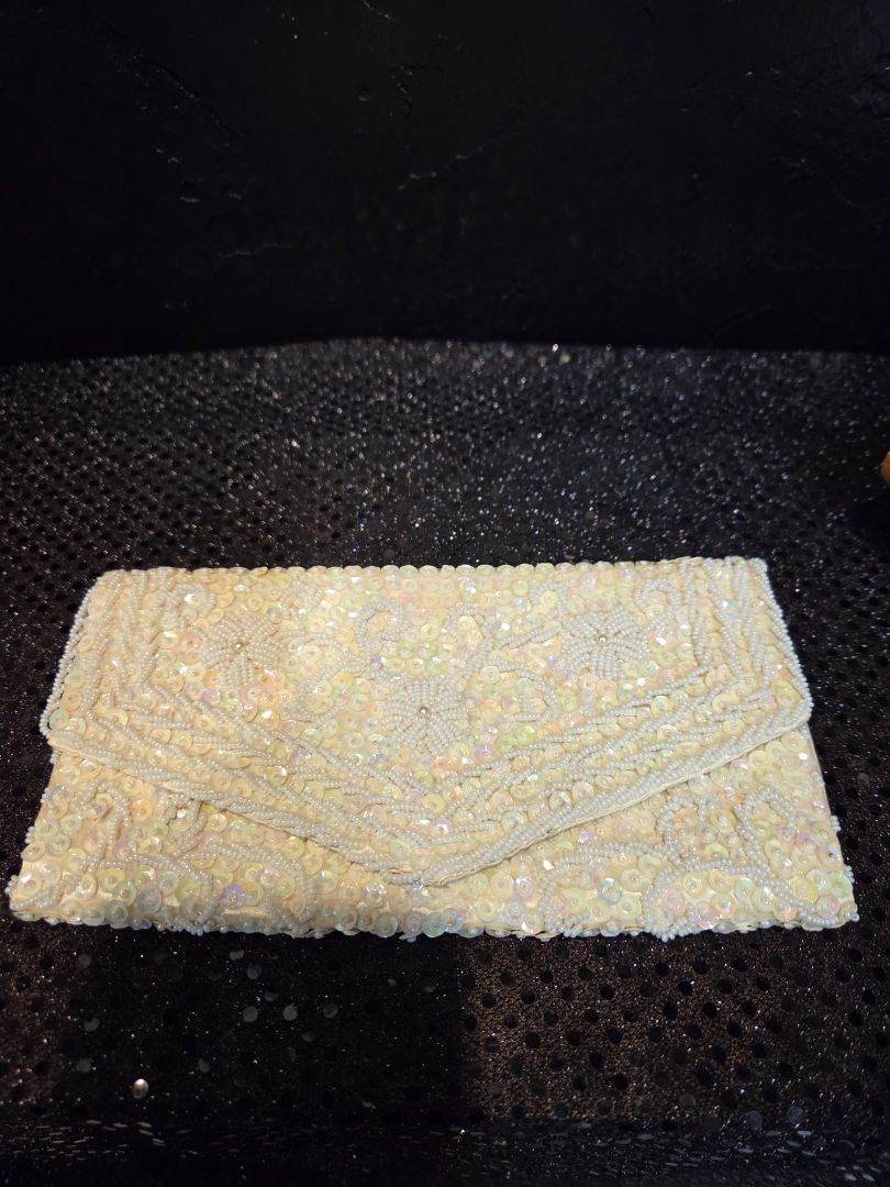 Vintage Hand Beaded White Aurora Satin Lined Clutch