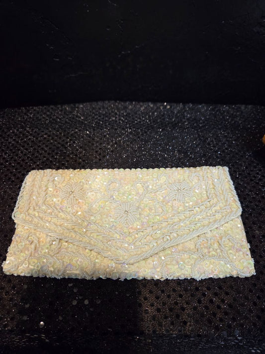 Vintage Hand Beaded White Aurora Satin Lined Clutch