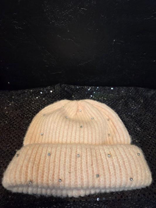 Pink Knit Hat with Rhinestones