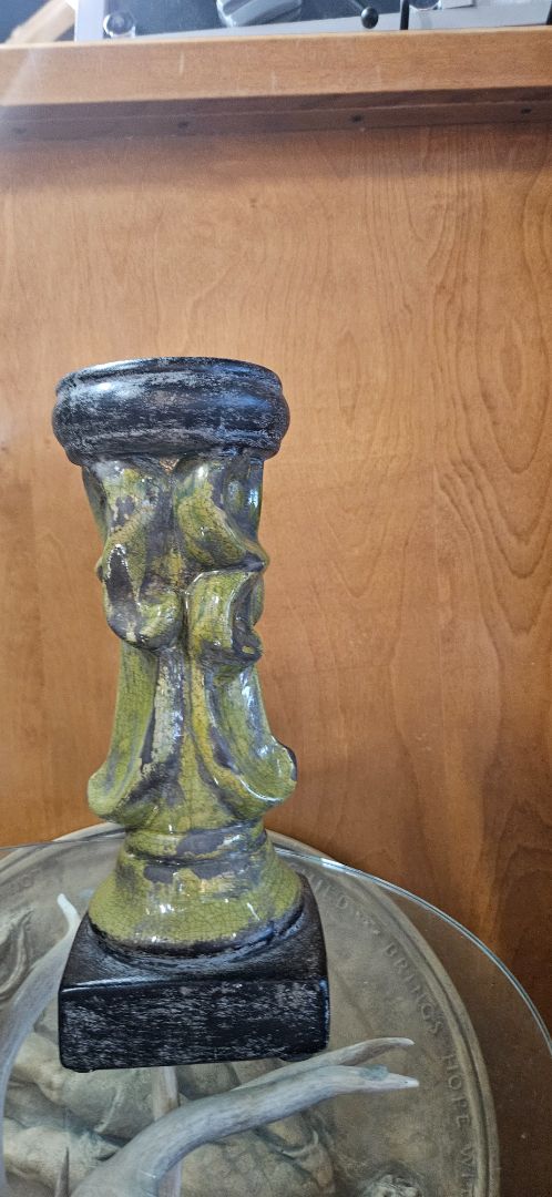 Green  Used Large Pillar Candle Holder JC, large