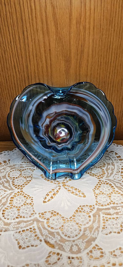BLUE  Blown Art Studio Glass Blue Orange White Wave Swirl Glass Bowl Ashtray MCM