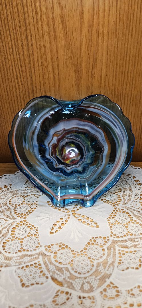 BLUE  Blown Art Studio Glass Blue Orange White Wave Swirl Glass Bowl Ashtray MCM