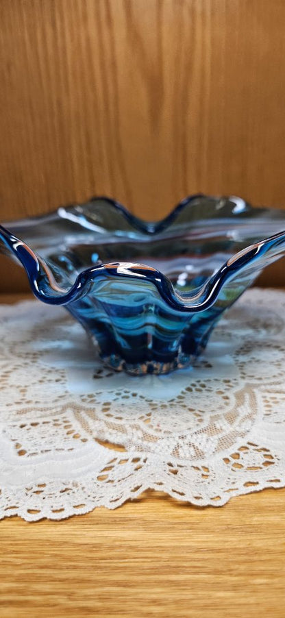 BLUE  Blown Art Studio Glass Blue Orange White Wave Swirl Glass Bowl Ashtray MCM