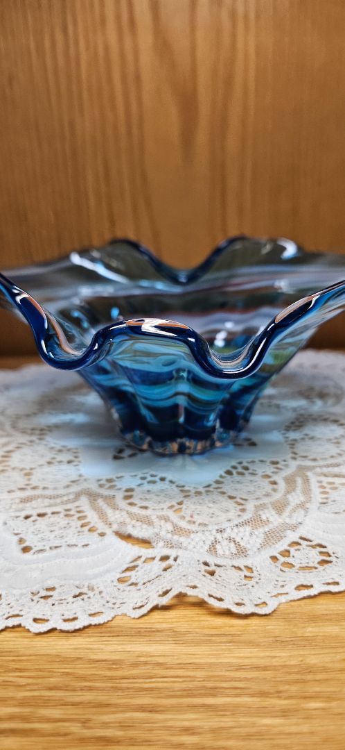 BLUE  Blown Art Studio Glass Blue Orange White Wave Swirl Glass Bowl Ashtray MCM