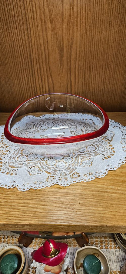 Vintage Possibly Walther Glass Germany Art Glass Clear Bowl Red Rim