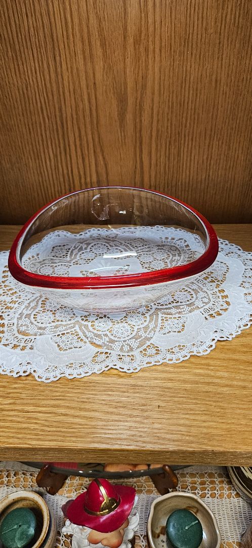 Vintage Possibly Walther Glass Germany Art Glass Clear Bowl Red Rim