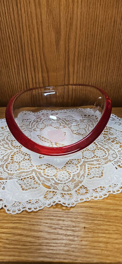 Vintage Possibly Walther Glass Germany Art Glass Clear Bowl Red Rim