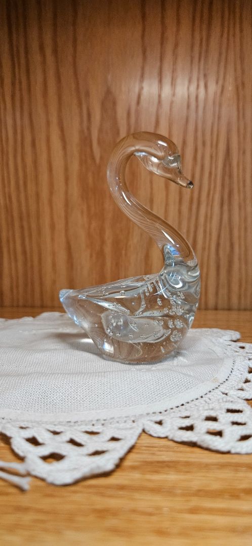 SWAN HAND BLOWN CLEAR ART GLASS BULLICANTE BUBBLES POLISHED BOTTOM FIGURINE