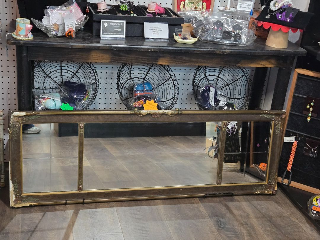 Brown Nurre Anitque nurre mirror3 panel 1929 roughly., Height 13.5 in (34.29) width 51 in.(129.54cm) depth 1.5 in ( 3.81 cm)