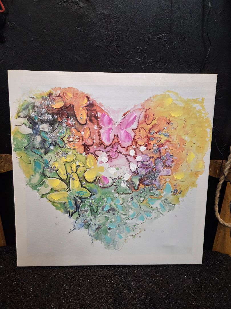 Painted Heart with Butterflies on Canvas
