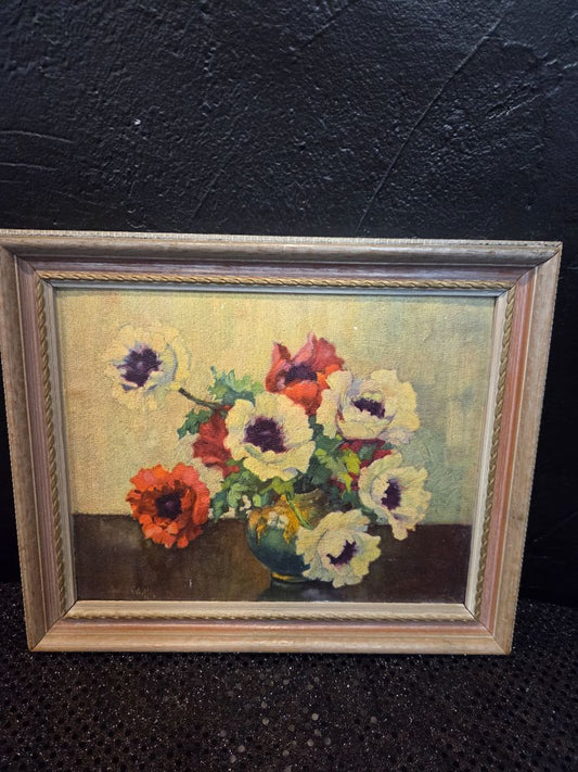 Vintage Oil /Board Red and White Poppies signed