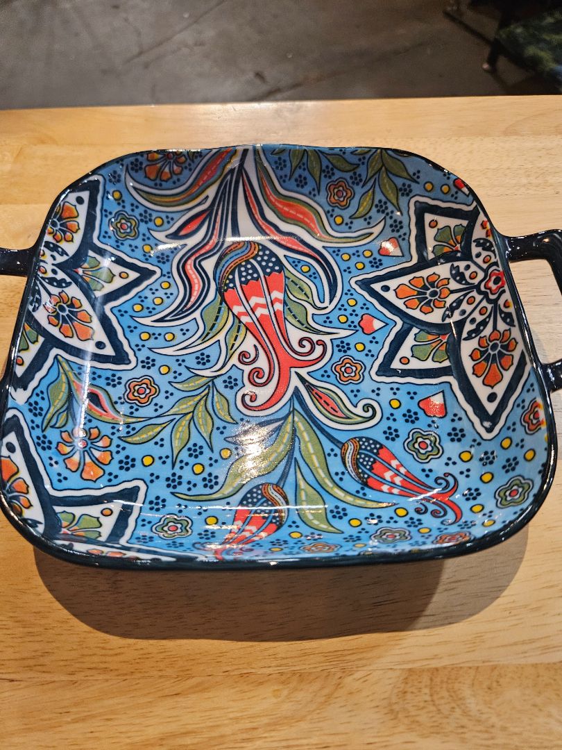 Blue w/flower Vancasso Porcelain square 2 handle, Medium