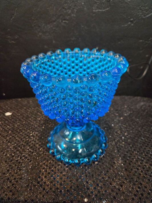 Vintage Pedestal Thick Beaded Blue Glass Bowl