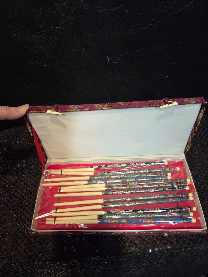 Vintage set Chinee Cloisonne enamel and Bone Chopsticks