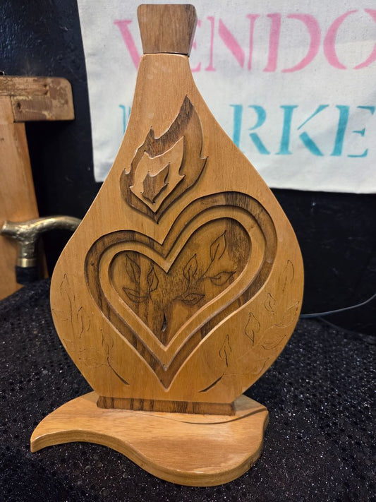 Handcrafted Wood Carving Sacred Heart symbol with flames and Foliage