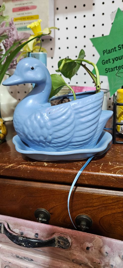 Vintage CERAMIC INDOOR PLANTER, Blue Duck Planter with under catch plate