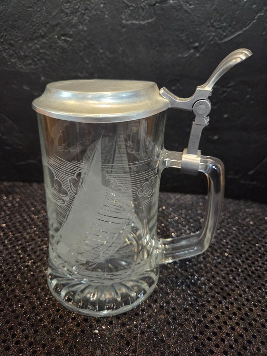 Vintage Domex Pewter Lidded Etched Glass Beer Stein Sailing ship