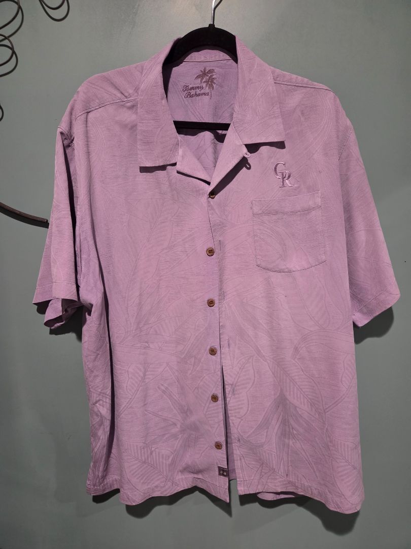 Tommy Bahama Purple Silk Camp Shirt Palm Leaf Print Colorado Rockies size xl