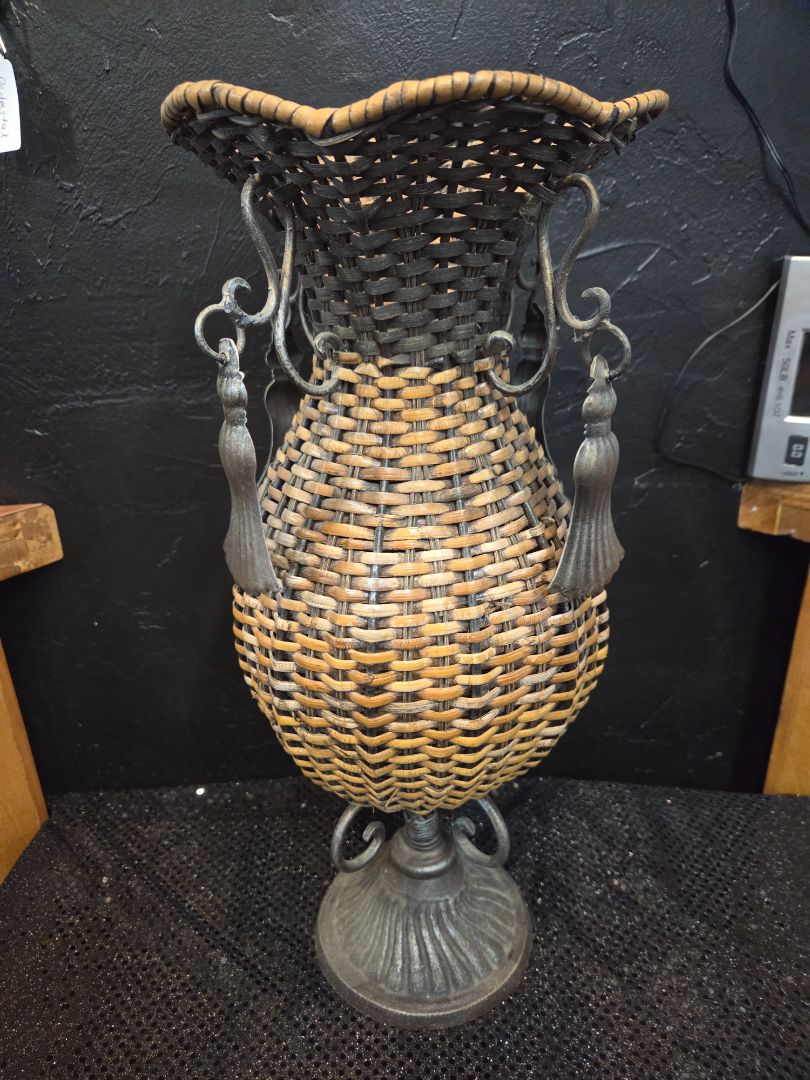 Woven Wicker Vase Wood and Metal