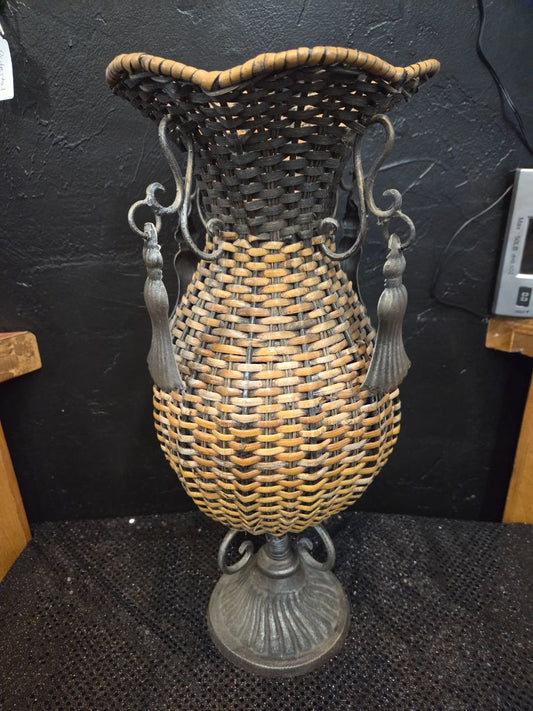 Woven Wicker Vase Wood and Metal