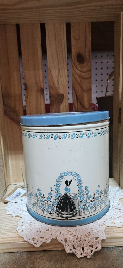 Vintage Tin Canister 4 Pc Set Southern Belle at Rose Trimmed Gate in Blue