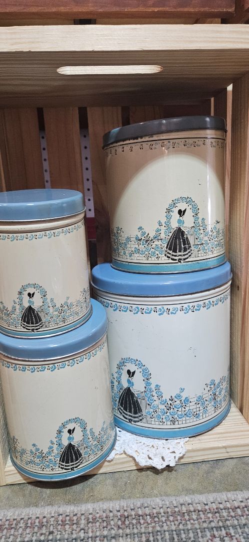 Vintage Tin Canister 4 Pc Set Southern Belle at Rose Trimmed Gate in Blue