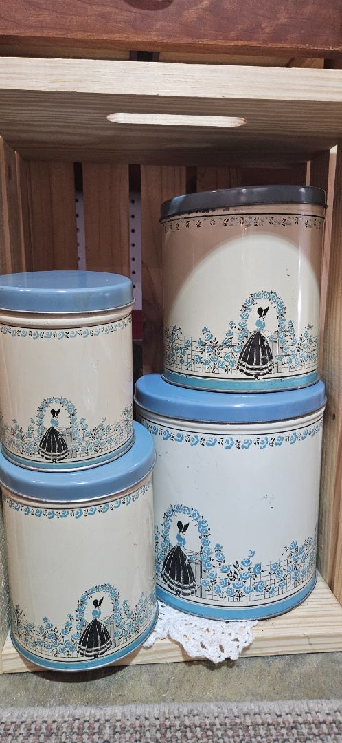 Vintage Tin Canister 4 Pc Set Southern Belle at Rose Trimmed Gate in Blue