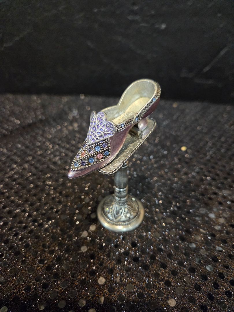 Sweet Romance USA Made Doll House Miniature Pink w/ RhinestonePewter Shoe and Stand
