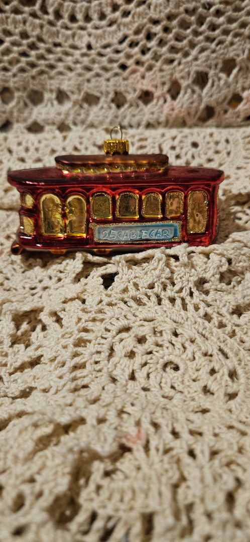 Vintage Blown Glass Christmas Ornaments Pair - Red Toy Train Locomotive & San Francisco Trolley Cable Car Transit Set"