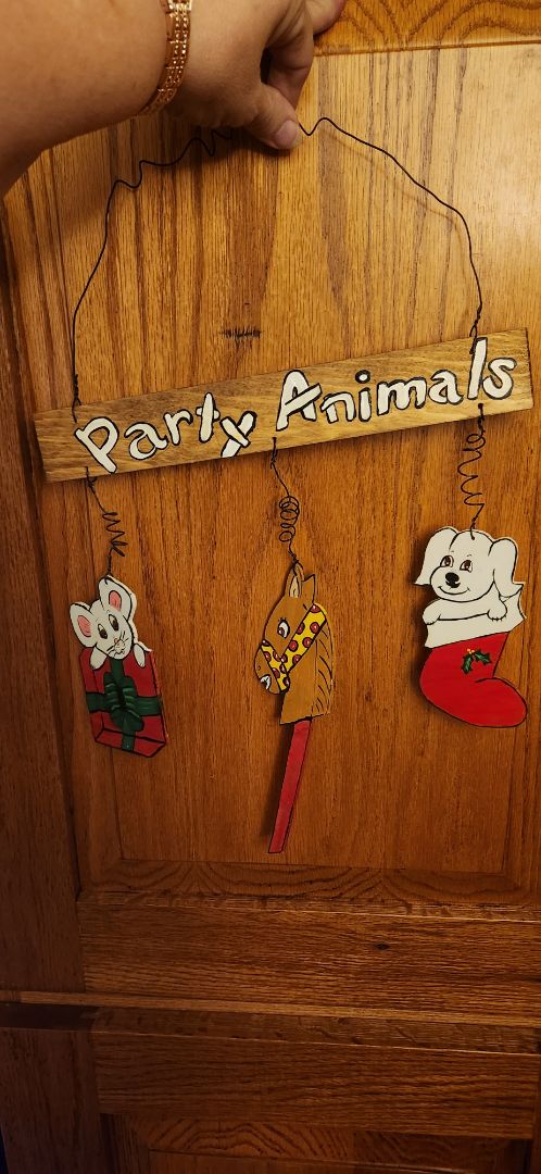 hand painted decor - Party Animals - Mouse, stick horse, dog