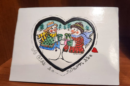 Hand painted holiday picture with 2 snow people - A Gift to Warm the Heart, 5 x 7