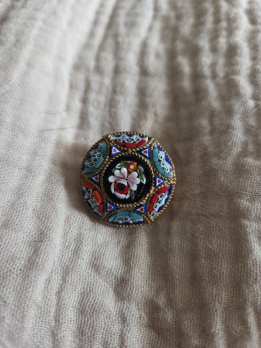 Vintage 1970's Italian Round Micro Mosaic Art Glass Brooch PinFloral C Clasp